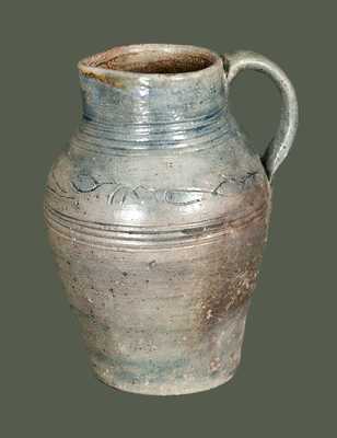 Exceptional Miniature Philadelphia or Old Bridge, NJ Stoneware Pitcher w/ Coggled Bird Decoration, Incised 
