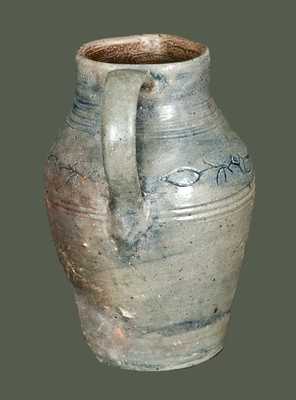 Exceptional Miniature Philadelphia or Old Bridge, NJ Stoneware Pitcher w/ Coggled Bird Decoration, Incised 