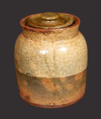 Small Galena, IL, Lidded Redware Jar with Two-Tone Glaze