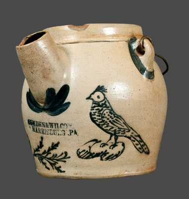 Outstanding Cowden & Wilcox Stoneware Batter Pail with Ornate Slip-Trailed Bird Decoration