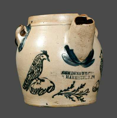 Outstanding Cowden & Wilcox Stoneware Batter Pail with Ornate Slip-Trailed Bird Decoration