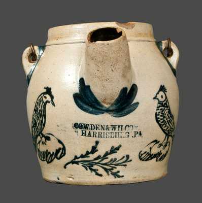 Outstanding Cowden & Wilcox Stoneware Batter Pail with Ornate Slip-Trailed Bird Decoration