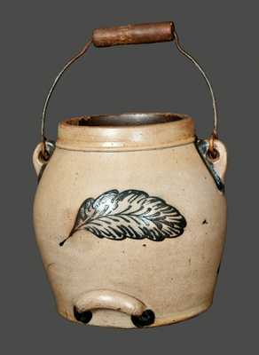Outstanding Cowden & Wilcox Stoneware Batter Pail with Ornate Slip-Trailed Bird Decoration