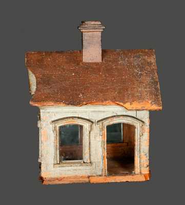 Extremely Rare Cold-Painted Stoneware House Figure with Blown Glass Windows