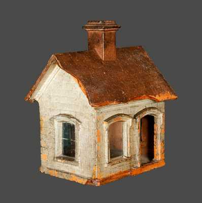 Extremely Rare Cold-Painted Stoneware House Figure with Blown Glass Windows