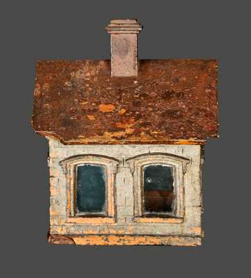 Extremely Rare Cold-Painted Stoneware House Figure with Blown Glass Windows