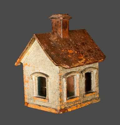 Extremely Rare Cold-Painted Stoneware House Figure with Blown Glass Windows