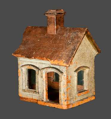 Extremely Rare Cold-Painted Stoneware House Figure with Blown Glass Windows