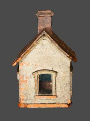 Extremely Rare Cold-Painted Stoneware House Figure with Blown Glass Windows