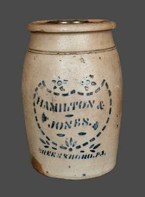 HAMILTON & JONES / GREENSBORO, PA Stoneware Jar with Shield Decoration, One-Gallon