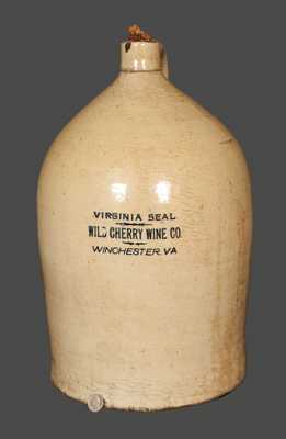 Rare Large Stoneware Jug with Winchester, VA Wild Cherry Wine Advertising