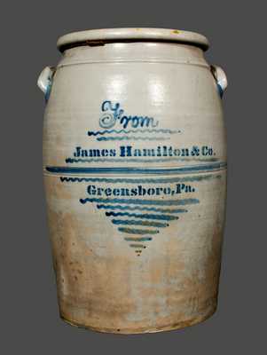 Magnificent JAMES HAMILTON & CO. / GREENSBORO, PA 20 Gallon Stoneware Presentation Crock