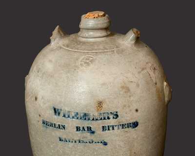 Very Rare 3 Gal. WHEELER S BERLIN BAR BITTERS / BALTIMORE Stoneware Advertising Jug Cooler