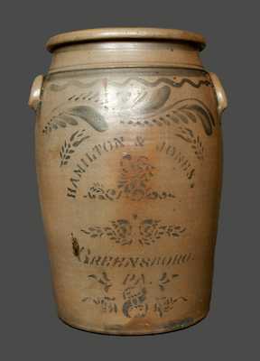 8 Gal. HAMILTON & JONES / GREENSBORO, PA Stoneware Crock with Stenciled and Freehand Decoration