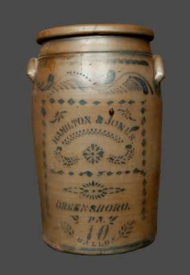 10 Gal. HAMILTON & JONES Stoneware Crock with Profuse Stenciled and Freehand Decoration