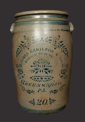 20 Gal. JAMES HAMILTON & CO. / GREENSBORO, PA Stoneware Crock with Vibrant Stenciled and Freehand Decoration