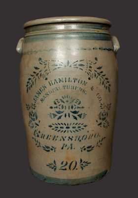 20 Gal. JAMES HAMILTON & CO. / GREENSBORO, PA Stoneware Crock with Vibrant Stenciled and Freehand Decoration