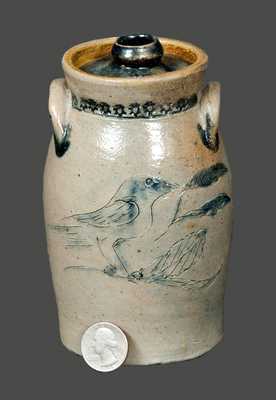 Outstanding 5" Stoneware Churn with Incised Bird, Incised Flower and Cobalt Guide