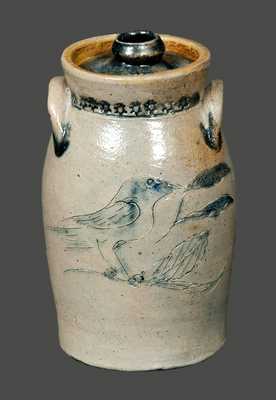 Outstanding 5" Stoneware Churn with Incised Bird, Incised Flower and Cobalt Guide