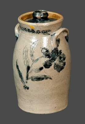 Outstanding 5" Stoneware Churn with Incised Bird, Incised Flower and Cobalt Guide