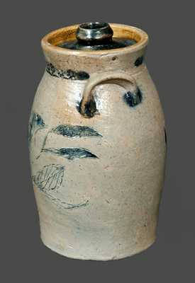 Outstanding 5" Stoneware Churn with Incised Bird, Incised Flower and Cobalt Guide