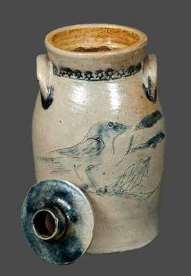 Outstanding 5" Stoneware Churn with Incised Bird, Incised Flower and Cobalt Guide