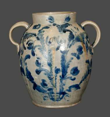 Highly-Decorated Baltimore Stoneware Water Cooler with Basket of Flowers, David Parr, circa 1825