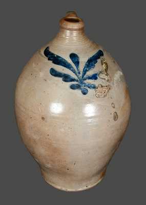 Rare Ovoid Stoneware Jug with Incised Decorated, Striped Handle and Freehand 