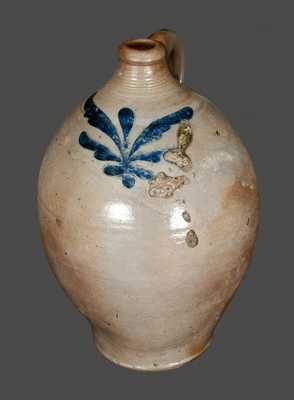 Rare Ovoid Stoneware Jug with Incised Decorated, Striped Handle and Freehand 
