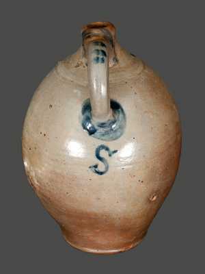 Rare Ovoid Stoneware Jug with Incised Decorated, Striped Handle and Freehand 