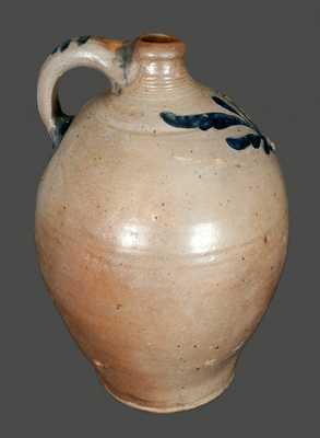 Rare Ovoid Stoneware Jug with Incised Decorated, Striped Handle and Freehand