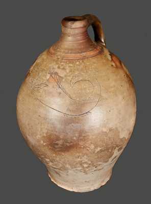 Rare Early Stoneware Jug with Elaborate Incised Fish att. Albany, NY