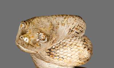 Very Rare Hand-Modeled Stoneware Snake Jug Stopper, Anna Pottery, circa 1880