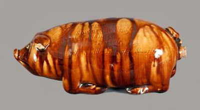Extremely Rare Anna Pottery Rockinghamware Pig Flask with St. Louis Presentation Inscription