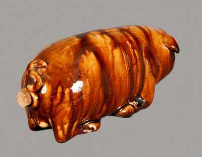 Extremely Rare Anna Pottery Rockinghamware Pig Flask with St. Louis Presentation Inscription
