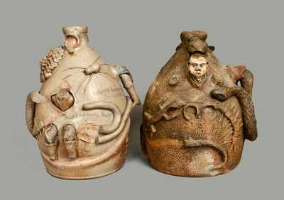 Exceptional Pair of Stoneware Snake Jugs, Both Signed by John L. Stone, Limestone and Kosse, Texas