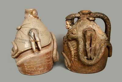 Exceptional Pair of Stoneware Snake Jugs, Both Signed by John L. Stone, Limestone and Kosse, Texas