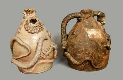 Exceptional Pair of Stoneware Snake Jugs, Both Signed by John L. Stone, Limestone and Kosse, Texas