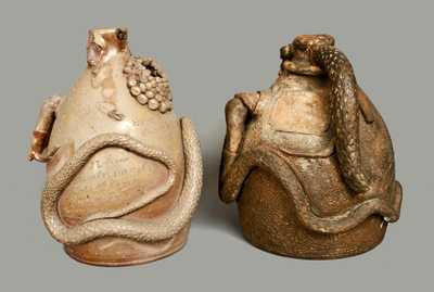 Exceptional Pair of Stoneware Snake Jugs, Both Signed by John L. Stone, Limestone and Kosse, Texas