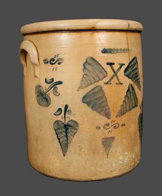 Ten Gallon Ohio Stoneware Crock with Apple, Tornado and Leaf Decoration