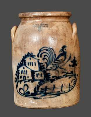 Rare J. & E. NORTON / BENNINGTON, VT Stoneware Crock with Rooster, House and Fence Decoration