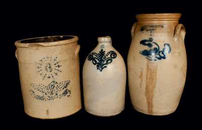 Lot of Three: J. B. MAGEE / ITHACA Stoneware Churn, Ohio Stoneware Jar with Stenciled Eagle, and Slip-Trailed Stoneware Jug