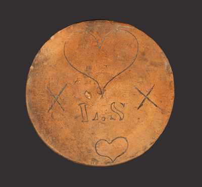 Rare Redware Potstand with Incised Hearts