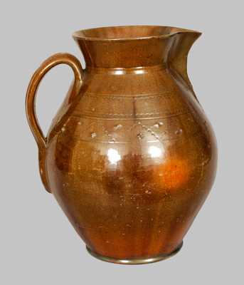 Rare Large Redware Pitcher with Impressed Design att. Jacob Medinger, Montgomery Co., PA