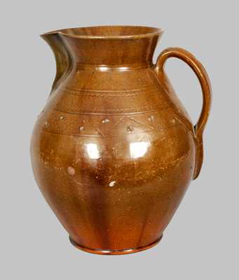 Rare Large Redware Pitcher with Impressed Design att. Jacob Medinger, Montgomery Co., PA