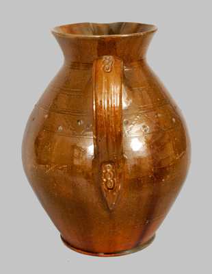 Rare Large Redware Pitcher with Impressed Design att. Jacob Medinger, Montgomery Co., PA