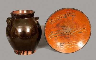 Lot of Two: Glazed Redware Jar and Slip-Decorated Redware Plate