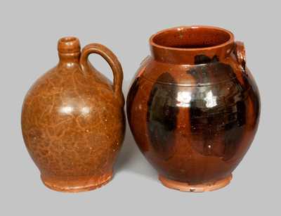 Lot of Two: Redware Jar with Manganese Splotches and Redware Jug with Speckled Glaze