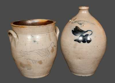 Lot of Two: C. BOYNTON / TROY, NY Stoneware Jug and Matching Crock w/ Incised Bird on Reverse