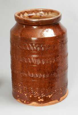 Rare and Fine Glazed Redware Jar with Combed Incising, probably Salem, Massachusetts, late 18th century.